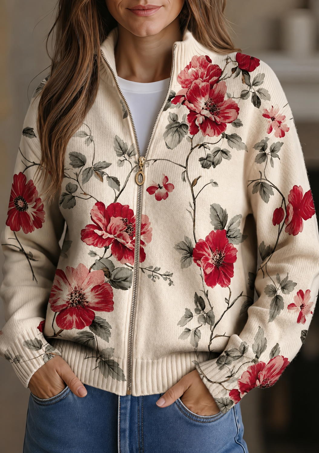 Penelope | Vetoketjuneuletakki vintage-ruusukuviolla