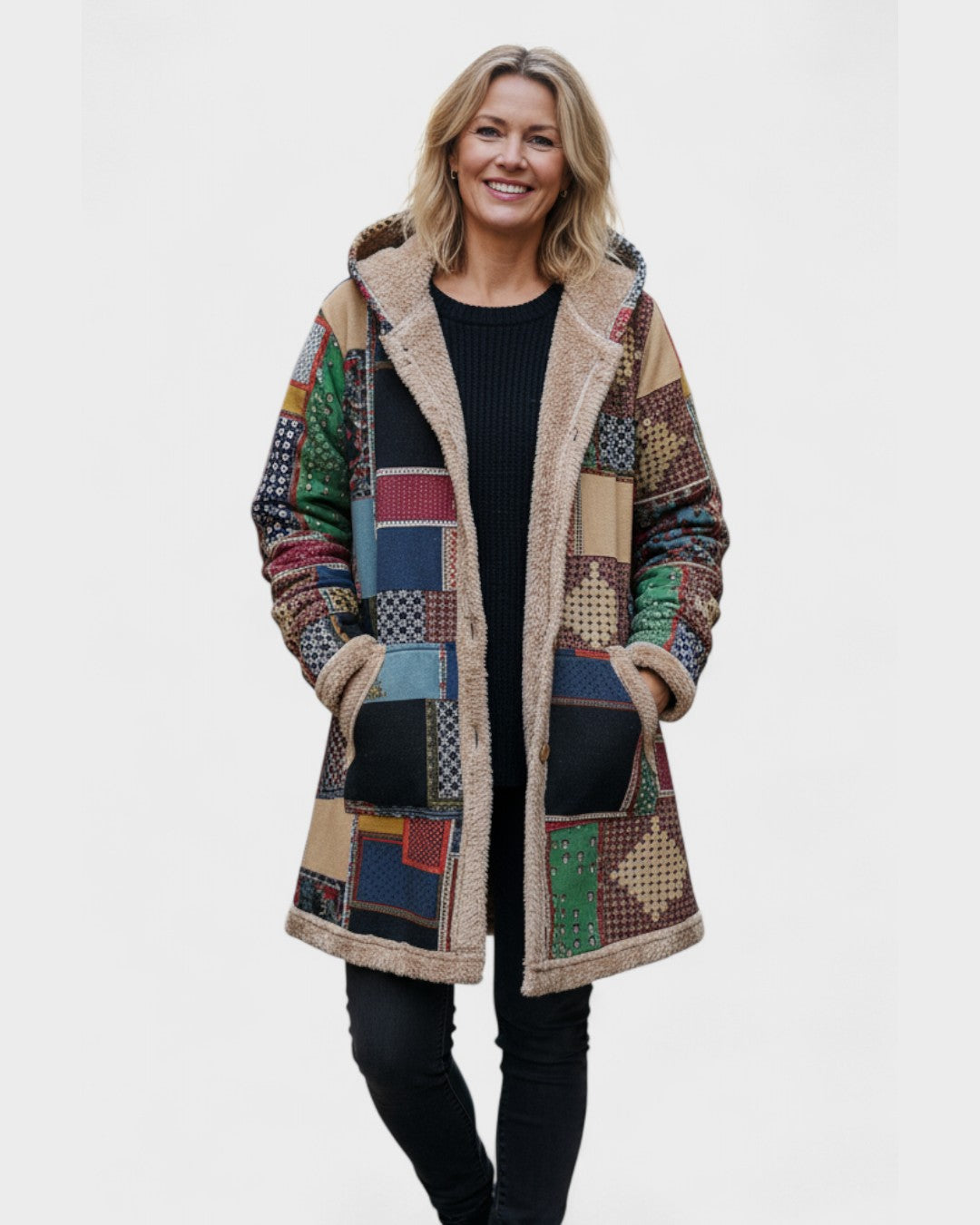 Ria | Kodikas patchwork-huppari maanläheisissä sävyissä